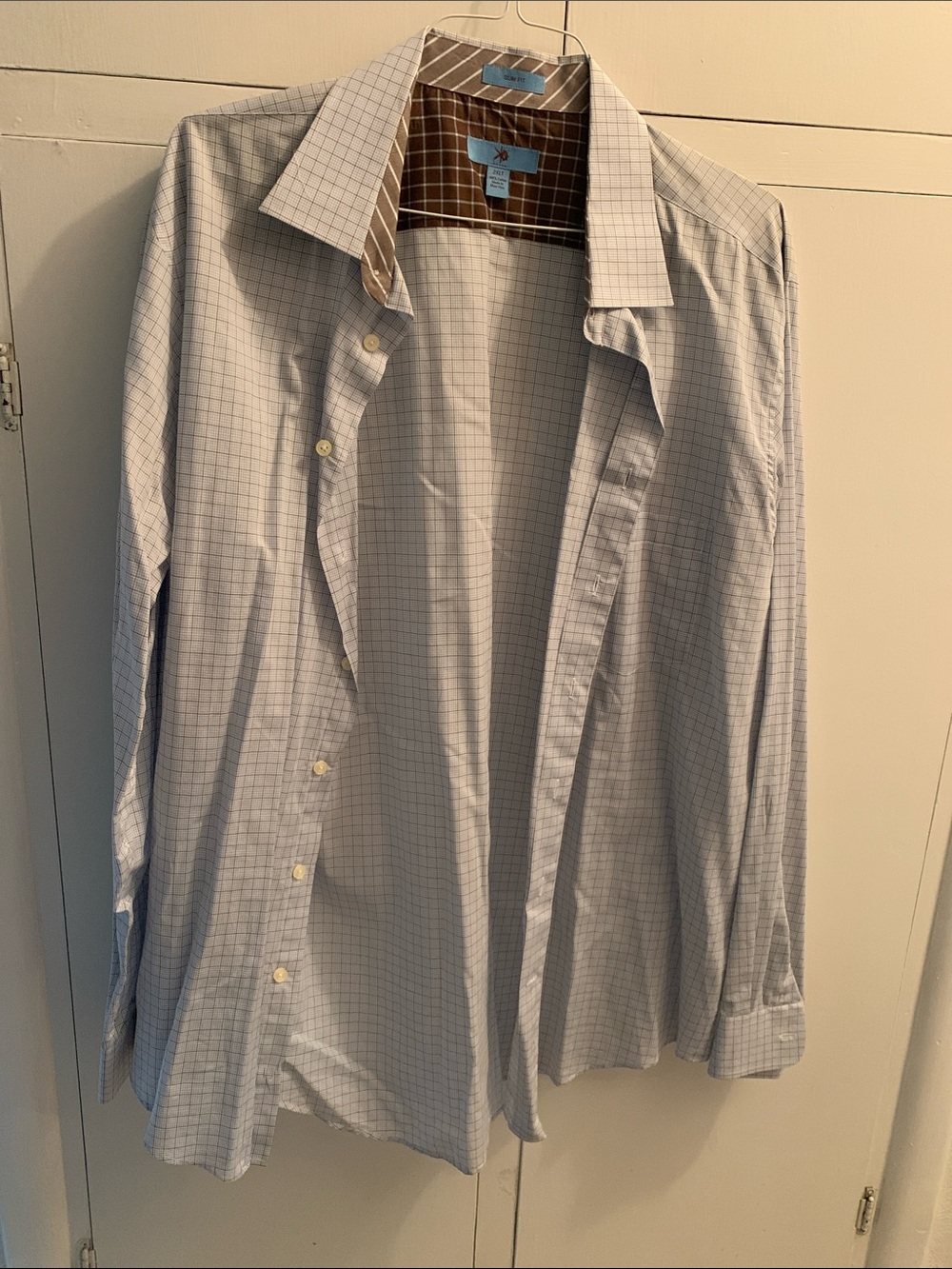 Light Blue Windowpane Dress Shirt with Contrast Collar - Men's